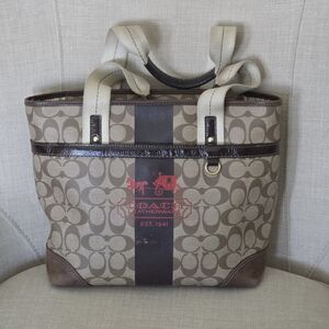 Coach Brown Signature Canvas Tote with Red Logo and Dark Brown Stripe